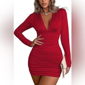 Womens deep v neck ruched bodycon dress~ RED size L NWT
